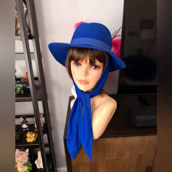 Vintage Blue Wool Fedora Hat with Scarf - Picture 2 of 9